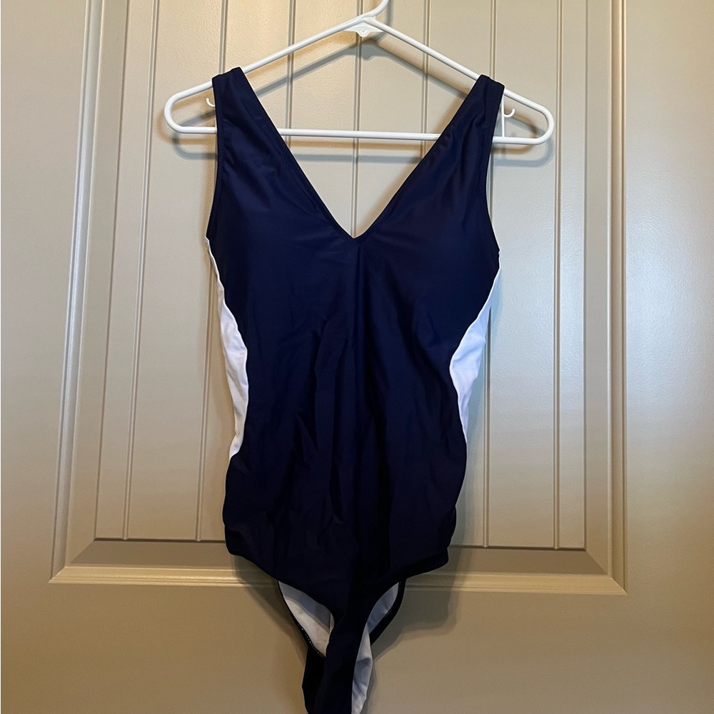 Navy and White Women's One Piece Swimsuit